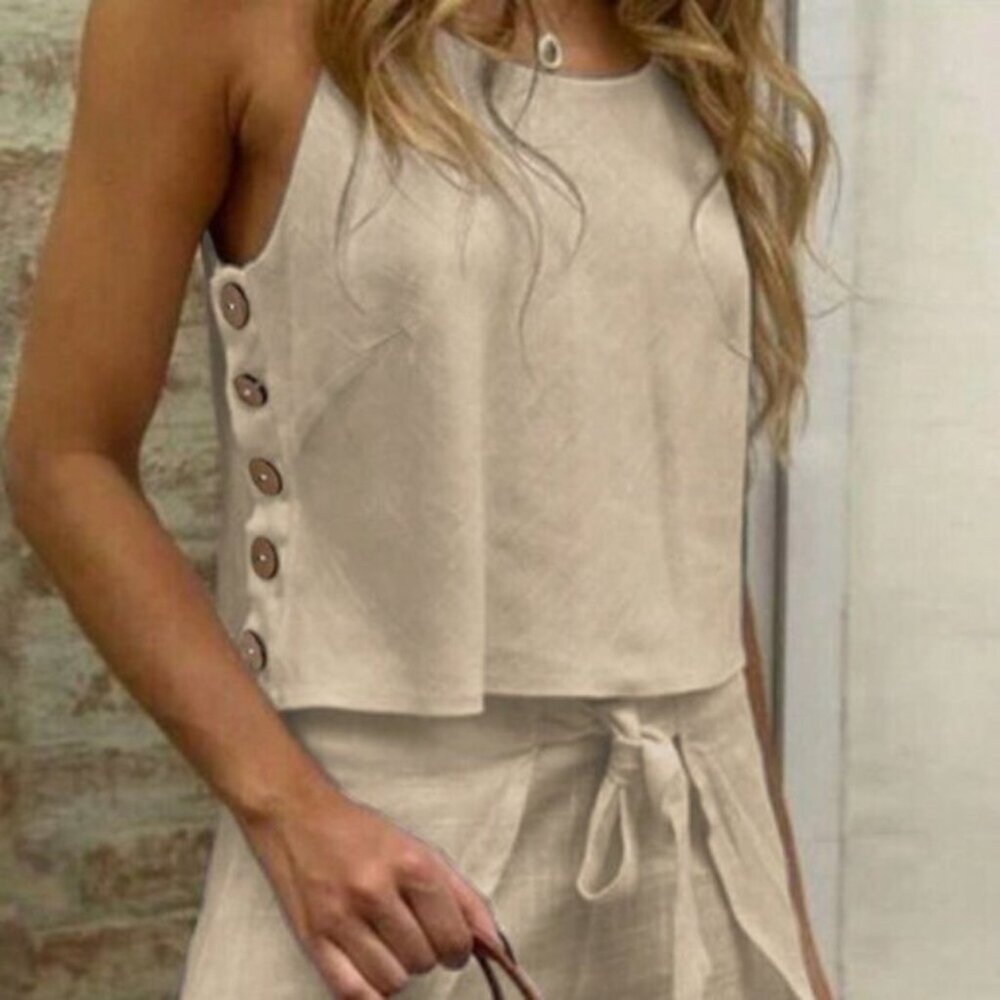 Khaki Casual Women's Plain Minimalist Daily Wear Sleeveless Top & Shorts Set